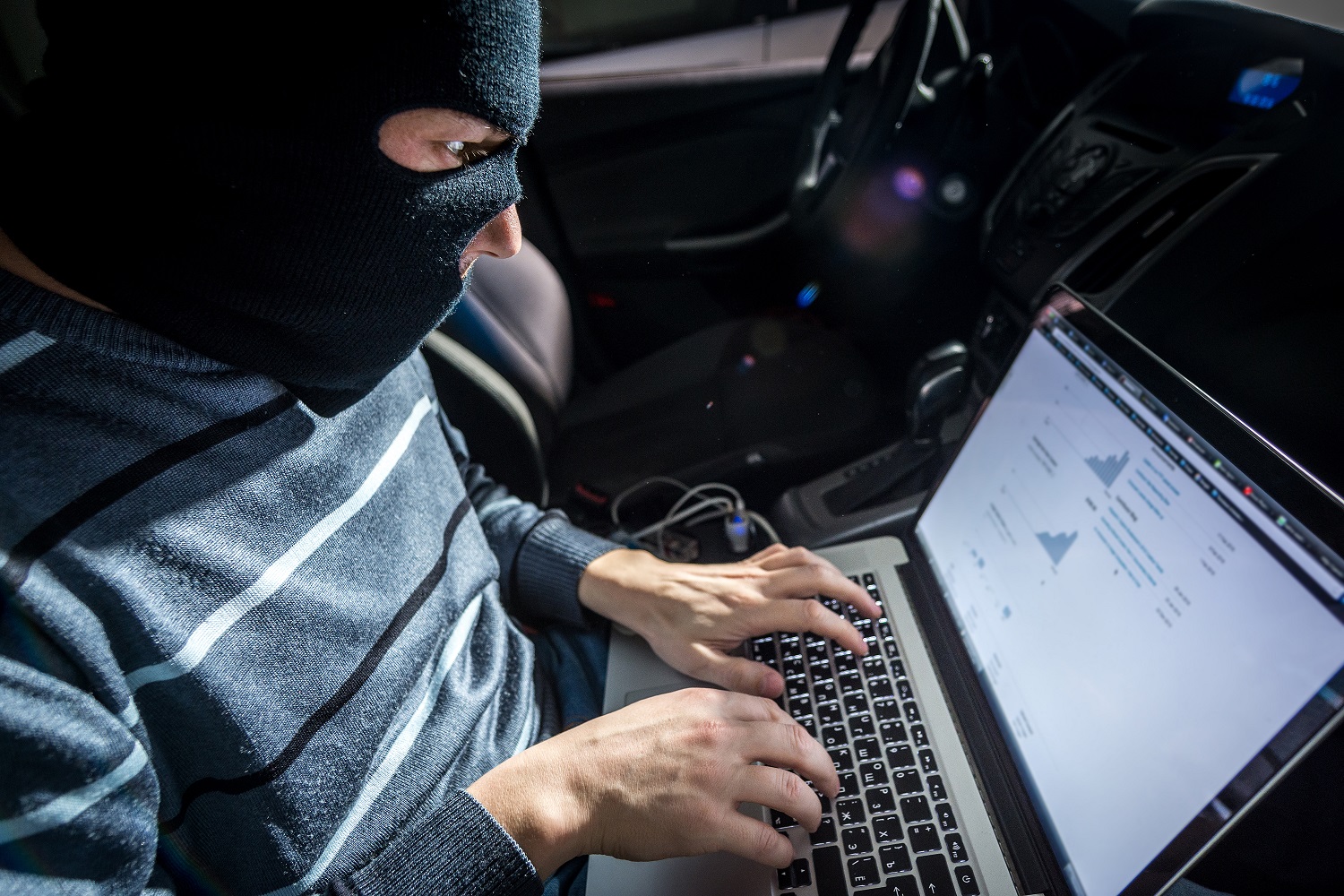 Hacker with a laptop inside a car